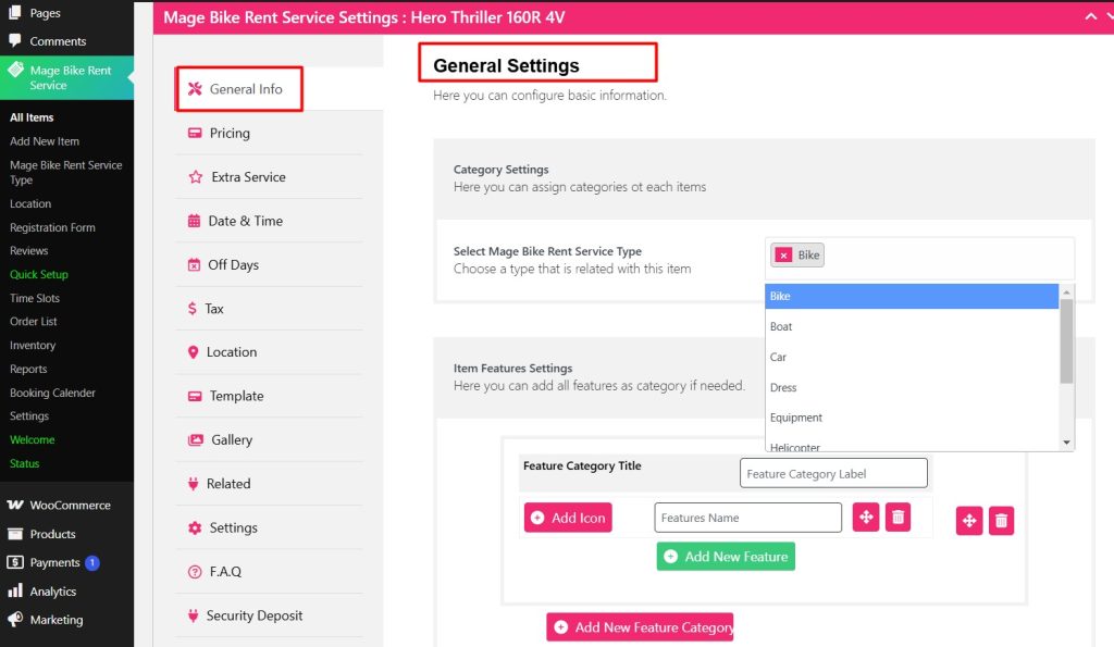 General settings of a rental item